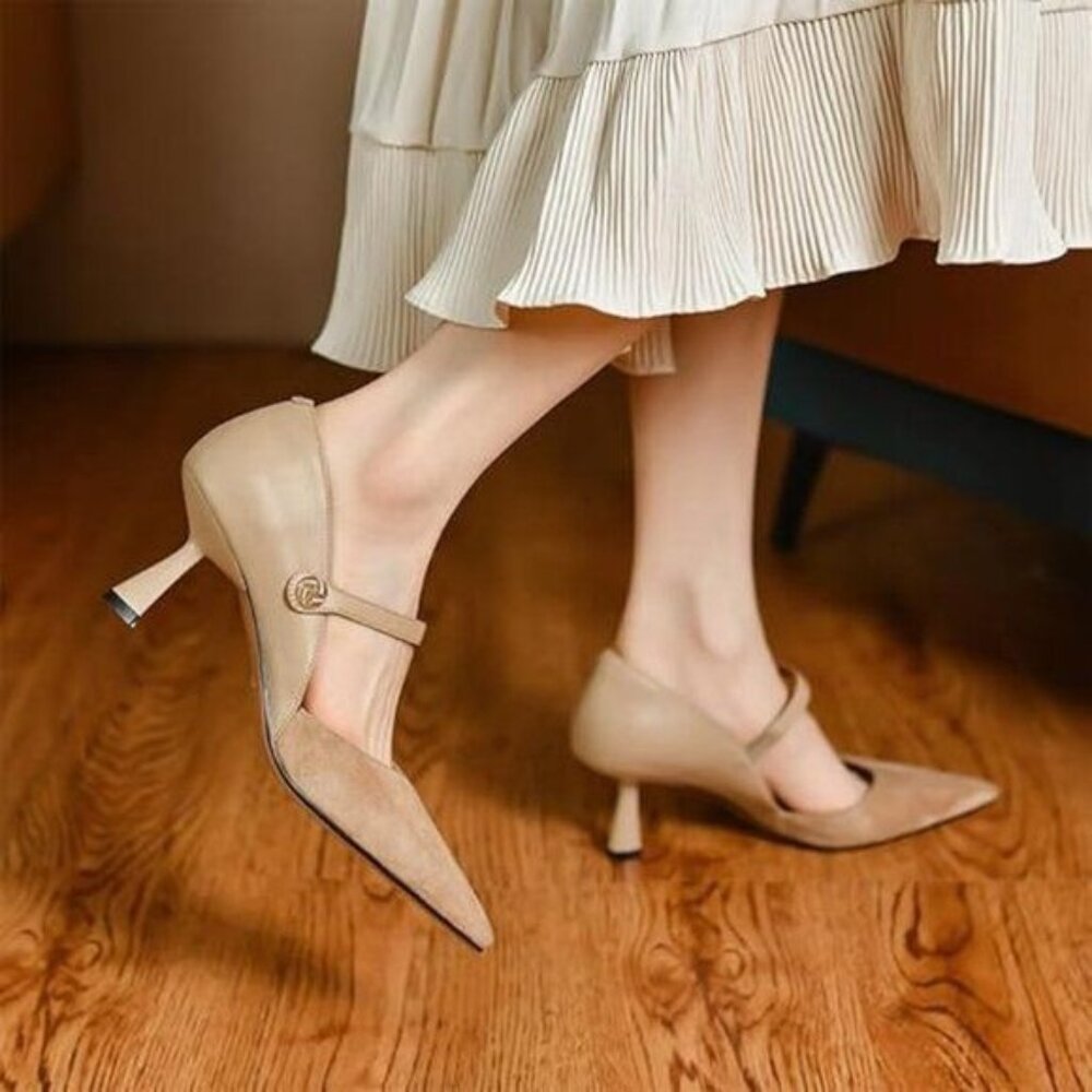 FOWT Brown V-Cut Splicing Flared Heel Slip on Black Pumps Metal Button Heels